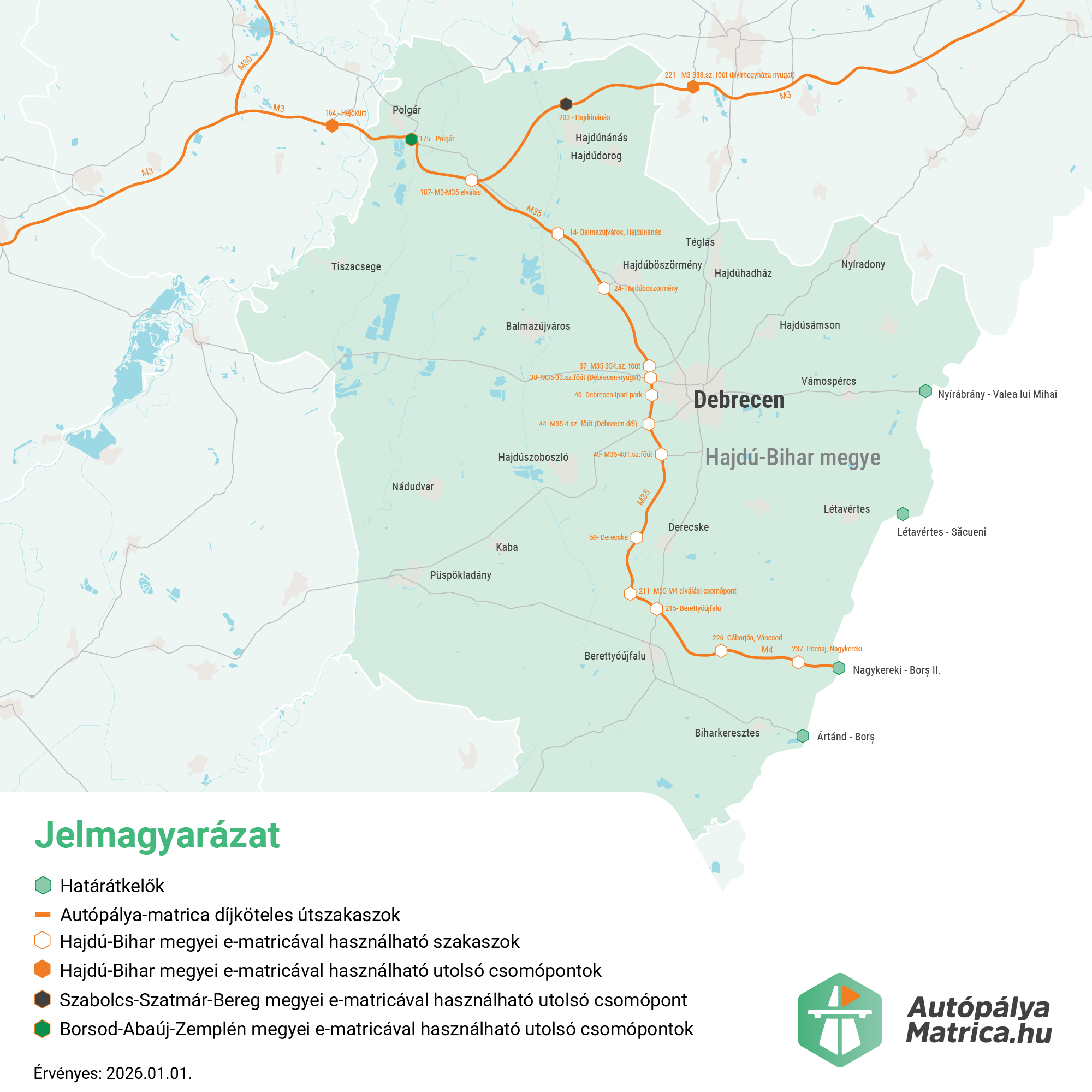Hajdú-Bihar megye fizetős utak térképe